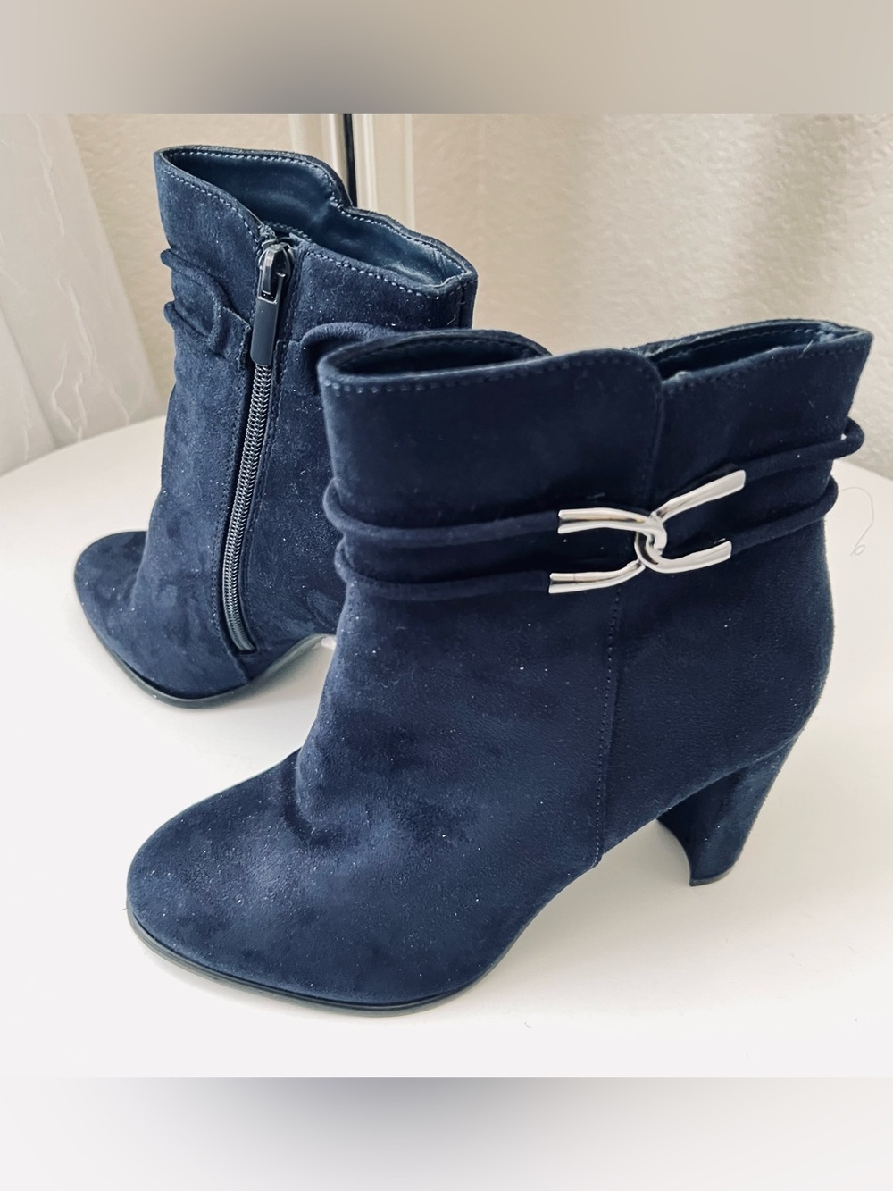 💙 New! Impo Ohara Blue Suede Ankle Boots w Silver & 3.5” Block Heels Size 6.5